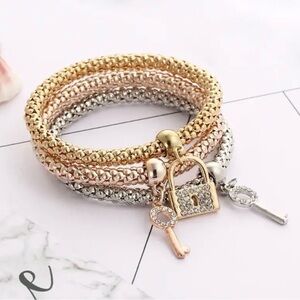 Tri-Color Stackable Bracelet Set Lock Key Charm Gold Rose Silver 3 Piece